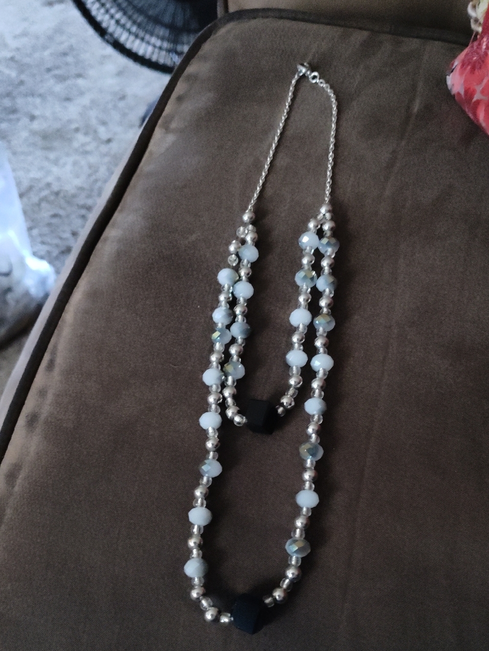 Double-Strand White and Silver Beaded Necklace